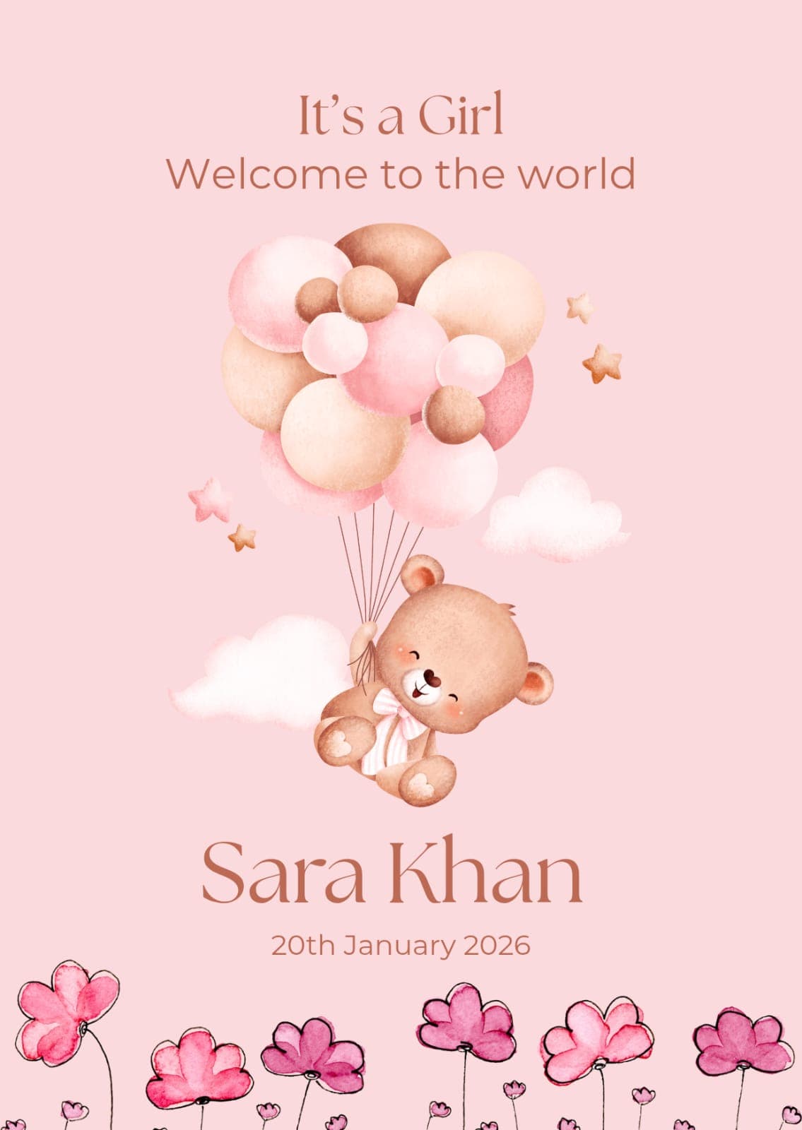 Cute Teddy Bear Birth Announcement | Baby Girl "It's a Girl" Card
