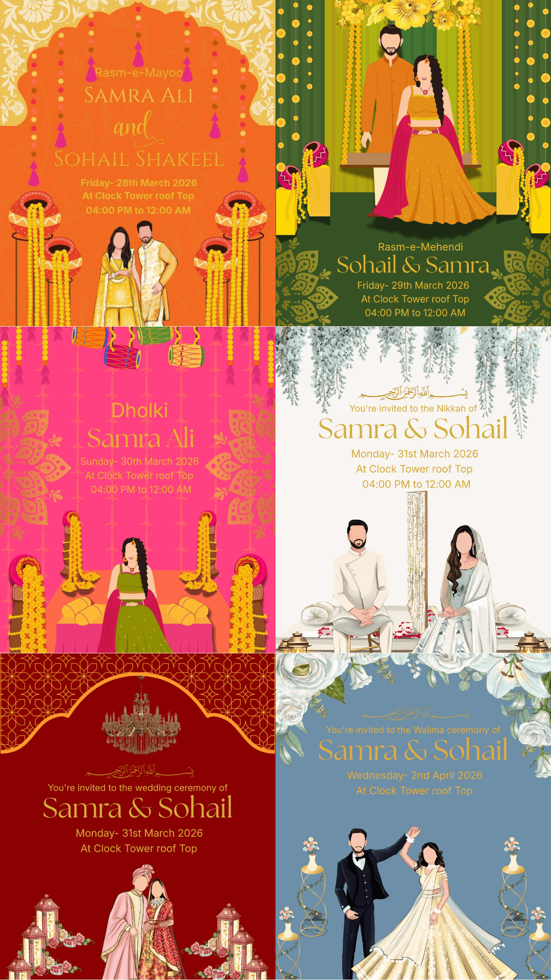 Complete Wedding Invitation Bundle – 6 Event Suite (Mayo to Walima)