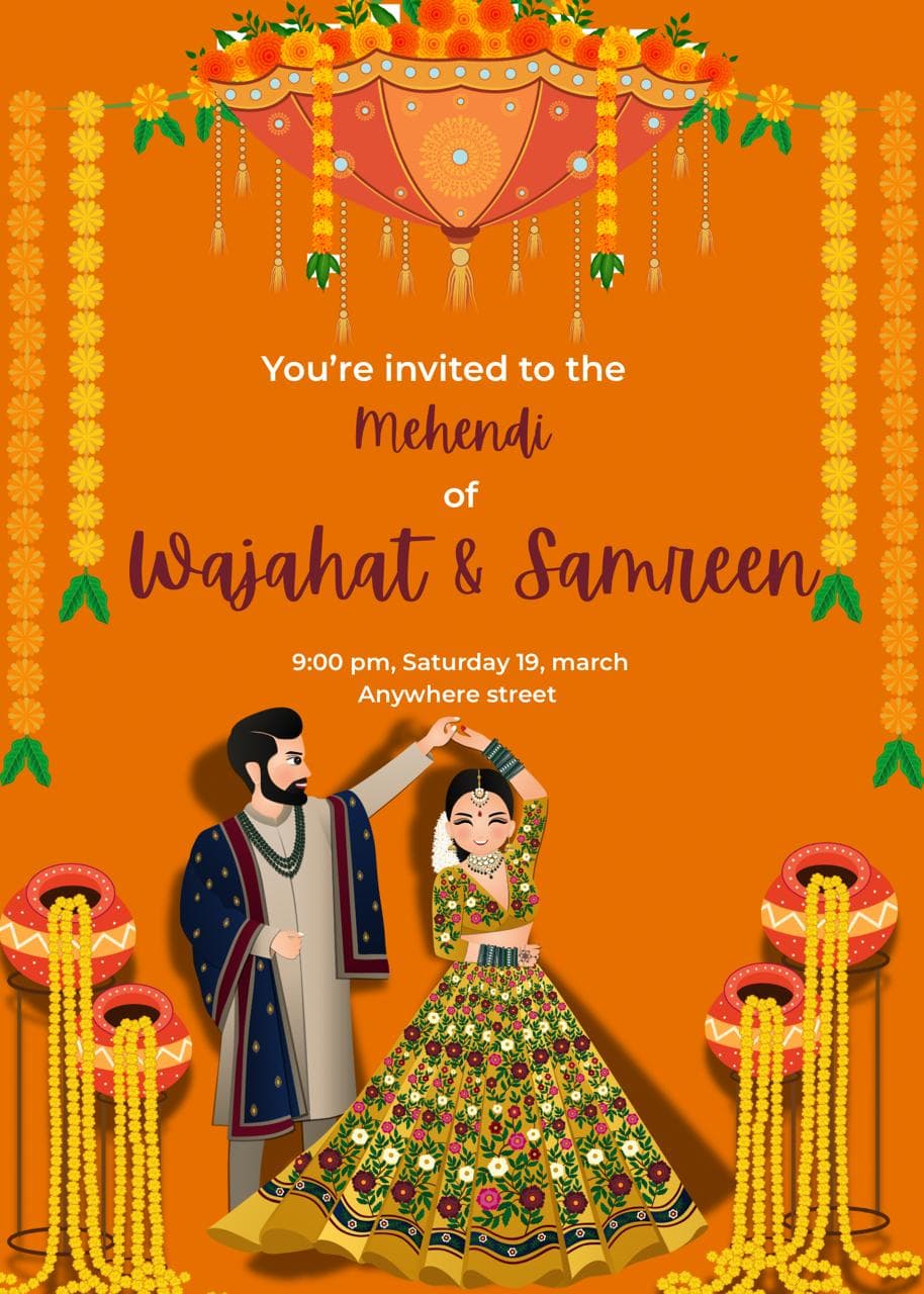Traditional Mehendi Invitation Card – Floral Orange Wedding Invite